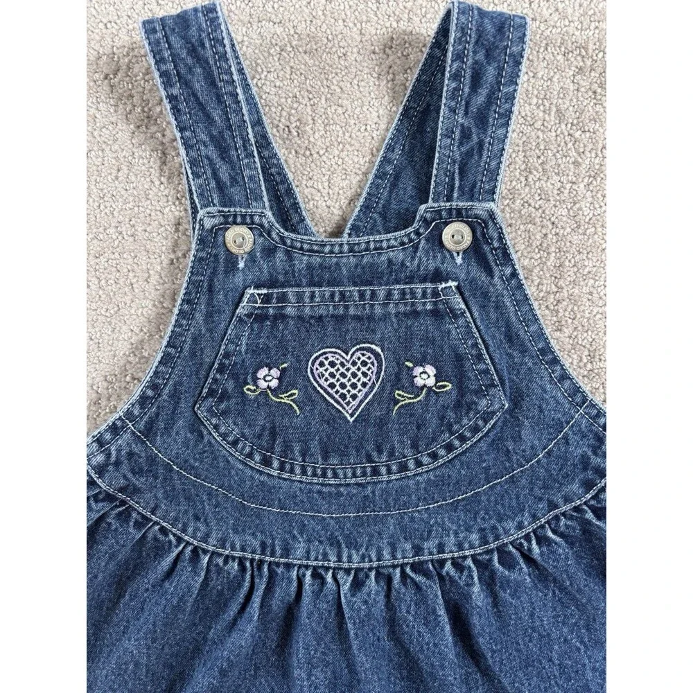 VTG Faded Glory Y2K 90s Toddler Girl Overall Dress Denim Flower Embroidery 4T